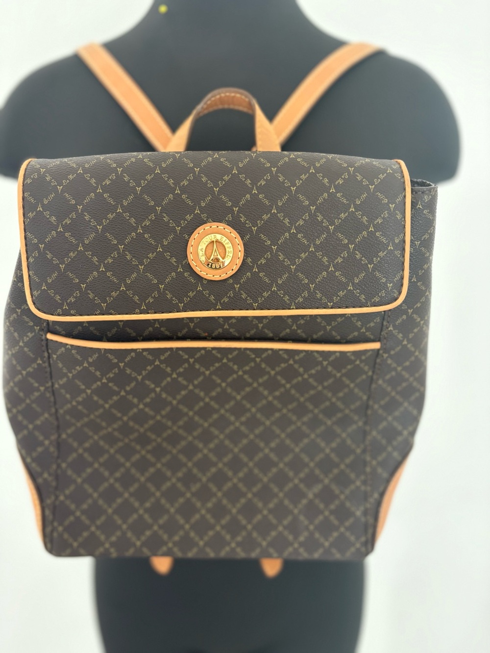 Vintage La Tour Eiffel Brown Monogram Backpack with leather Tan Trim